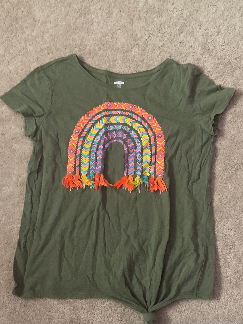 Old Navy Olive Green Tee with Multicolor Rainbow Fringe